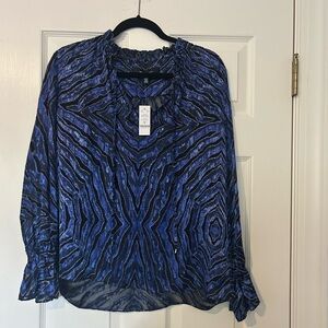 White House Black Market L/S Silk Burnout Tie Blouse